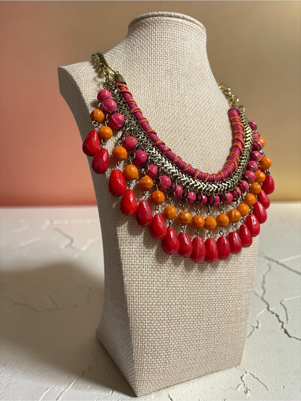 Tiered Coral Pink & Tangerine Teardrop Gold Tone Chandelier Statement Necklace